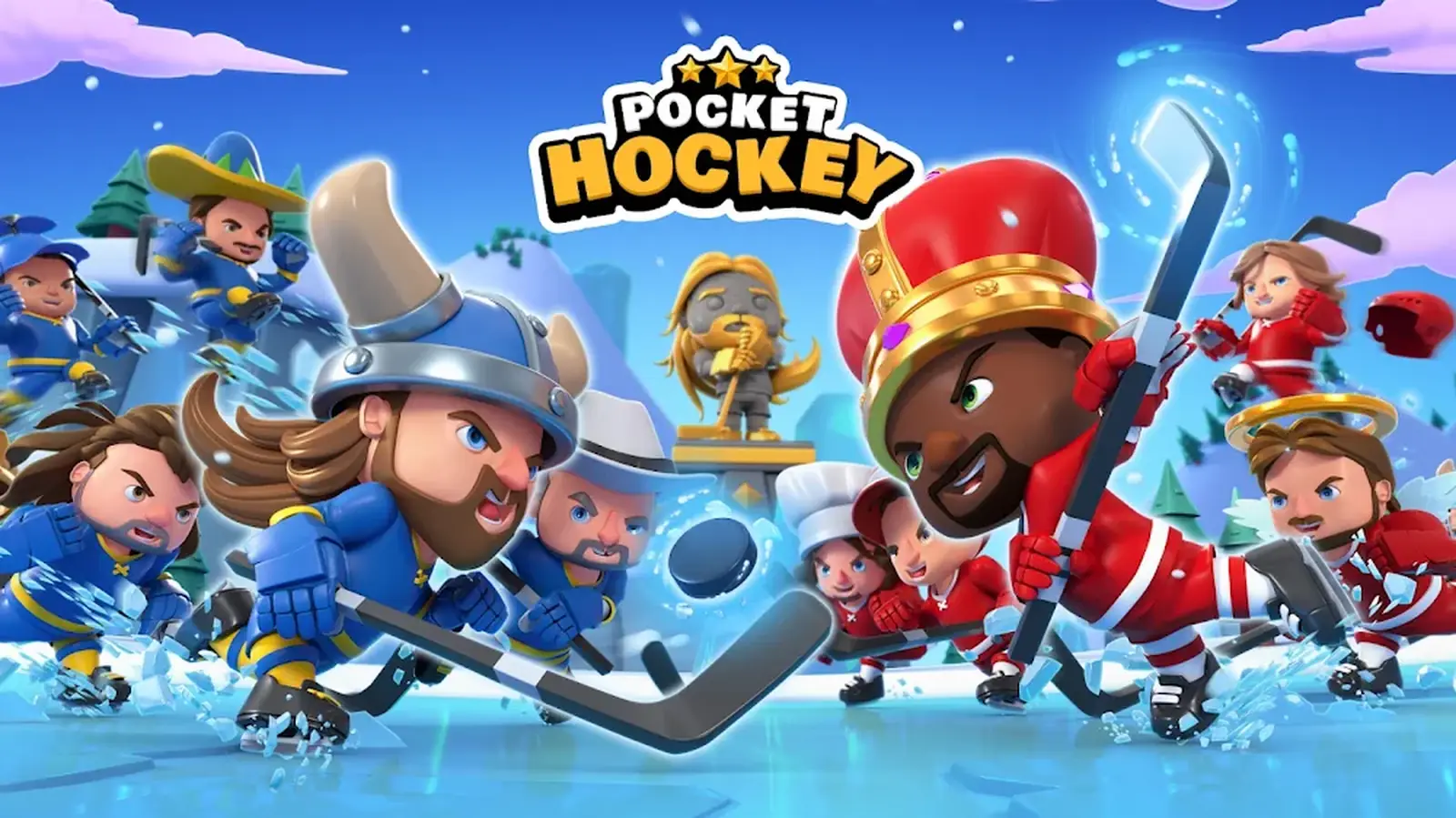 Ilustração de equipas de hóquei no gelo em confronto na arena do Pocket Hockey Stars