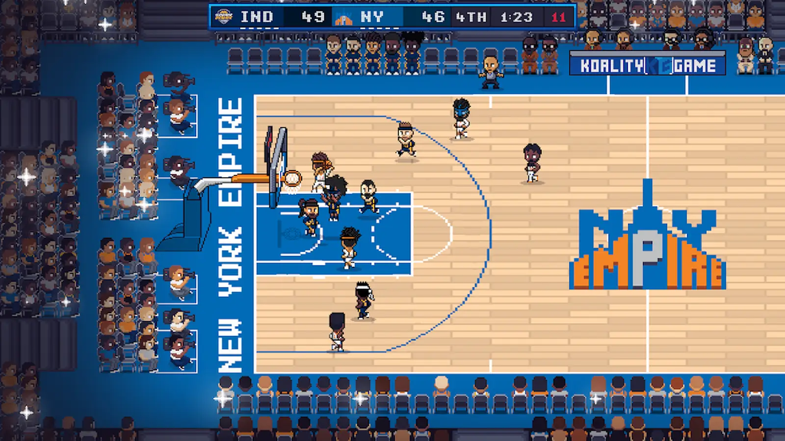 Quarto período de um encontro de basquetebol em píxel art no pavilhão dos New York Empire, no jogo Hoop Land