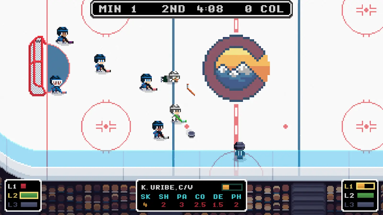 Rinque de hóquei no gelo em píxel art durante o segundo período, no Ice League Hockey