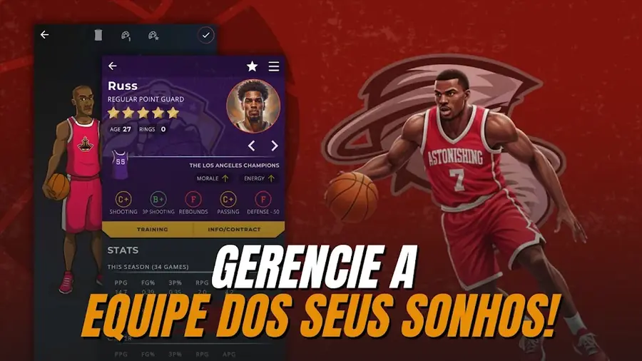 Ecrã de gestão de plantel do simulador Astonishing Basketball Manager