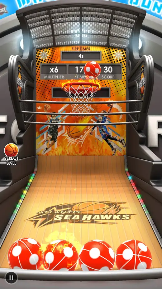 Máquina de lançamentos de basquetebol em três dimensões no Basketball Flick 3D