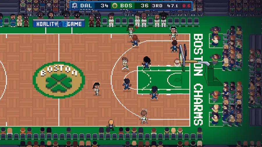 Encontro de basquetebol no pavilhão verde dos Boston Charms no jogo Hoop Land