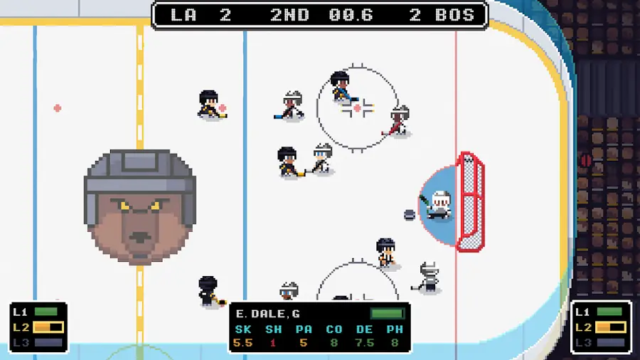 Últimos segundos do segundo período num encontro de hóquei no gelo em píxel art do Ice League Hockey