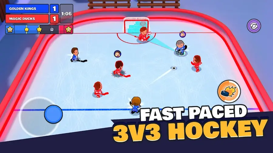 Duelo de três contra três numa arena curta do jogo de arcada Pocket Hockey Stars