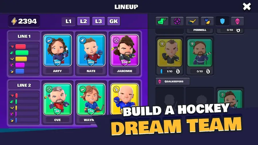 Ecrã de composição de linhas com atletas colecionáveis no Pocket Hockey Stars